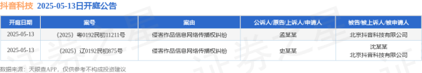 配资上市公司一览表 抖音科技作为被告/被上诉人的2起涉及侵害作品信息网络传播权纠纷的诉讼将于2025年5月13日开庭
